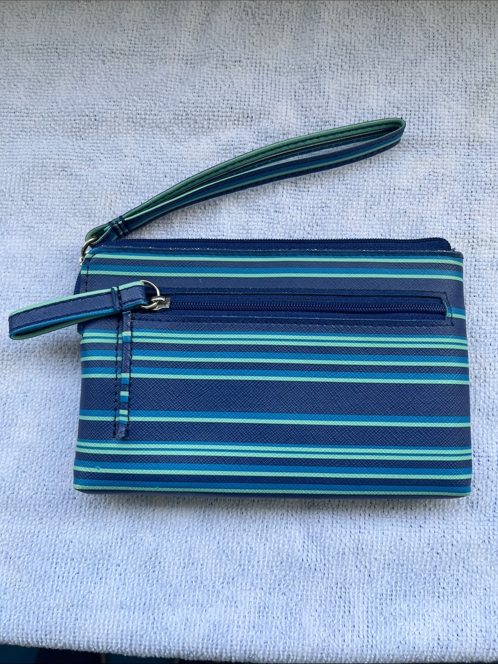 Striped Blue Wristlet top-zip Pouch with strap